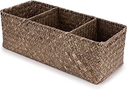 Hipiwe Seagrass Nesting Storage Basket - 3 Compartment Hand-Woven Wicker Storage Bin Home Organizer Bins for Shelves, Kitchen Cabinets, Pantry, Bathroom, Closets Organizer
