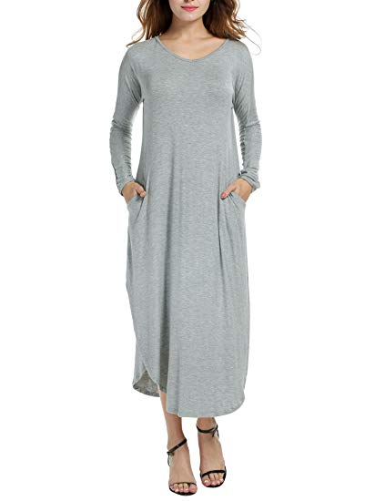 ACEVOG Women's Solid Long Sleeve Pocket Loose Casual Maxi Dress Plus