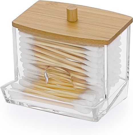 Hipiwe Acrylic Q-Tip Holder with Bamboo Lid - Clear Q-Tips Dispenser Bathroom Containers Canister Cotton Swab Holder Bathroom Countertop Storage Organizer for Q-tip Cotton Swab