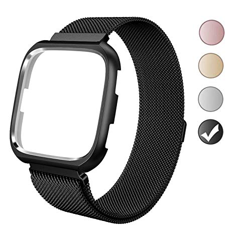 VEAQEE for Fitbit Versa Bands with Frame, Milanese Mesh Loop Stainless Steel Metal Replacement Wristband Bracelet Strap Magnetic Buckle Protective Case Bumper