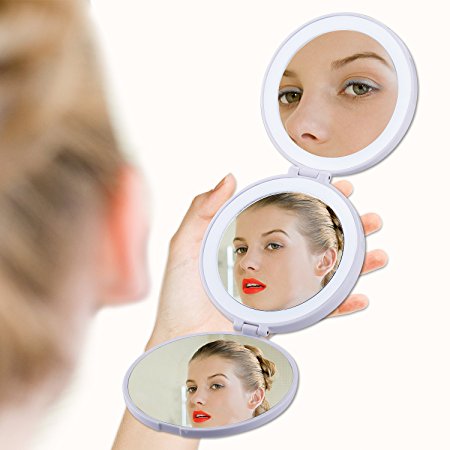 Travel Makeup Mirror Folding Portable Vanity Mirror with Lights, LED Lighted Handheld Cosmetic Compact Mirror with USB Charging, Lithium Battery Included, 1X/5X/10X Magnification (White)