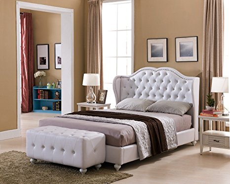 Kings Brand Furniture White Tufted Design Faux Leather King Size Upholstered Platform Bed