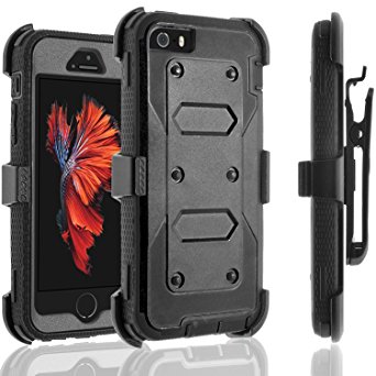 iPhone 5 Case, iPhone 5S Case, [SUPER GUARD] Dual Layer Hybrid Protective Cover With [Built-in Screen Protector] Holster Locking Belt Clip Circle(TM) Stylus Touch Screen Pen And Screen Protector Black