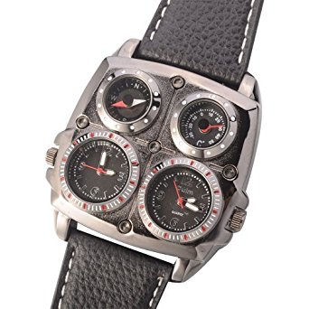 Oulm 1140 Men's Dual Time Zones Large Black Watch W/Compass/Thermometer/ Big 5cm Multi-Function Dial