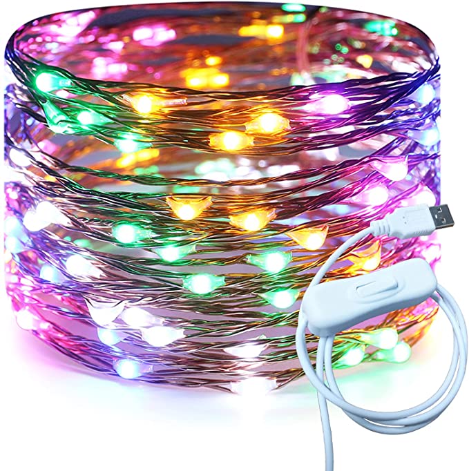 RUICHEN USB Fairy Lights 33 Ft 100 LED String Lights with ON/Off Switch, Waterproof Copper Wire Christmas Lights for Bedroom Wall Ceiling Wreath Crafts Wedding Party (Multicolor)
