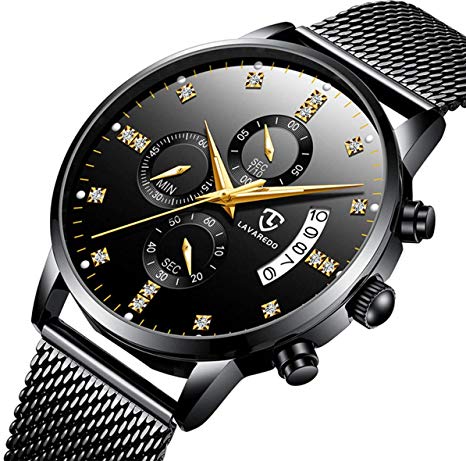 Men’s Watches,Luxury Fashion Business Stainless Steel Analog Quartz Watch Multifunction Chronograph Calendar Wrist Watch with Mesh Band Black Blue