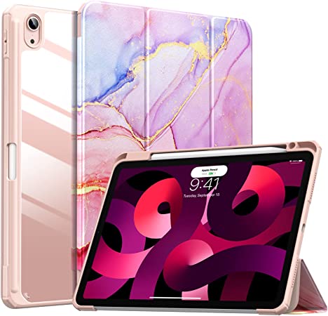 MoKo Case Fit iPad Air 5th/4th Gen 10.9 Inch 2022/2020 with Pencil Holder, [Support 2nd Gen Pencil Charging & Touch ID] Shockproof Frame Clear Transparent Back,Auto Wake/Sleep, Light Pink Gold Marble