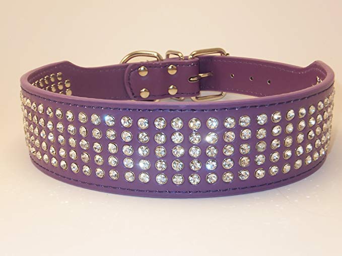 Med Large X-Large Fashion Leather Big Dog Collar with Big Sparkly Crystal Rhinestones 2"Wide Med 22"L fits 17"to 20" Lg 24"L fits 19"to 22" L necks XL 26"L fits 21" to 24"L Red, Silver, Black, Gold, Teal Green, Baby Pink, Hot Pink, Purple
