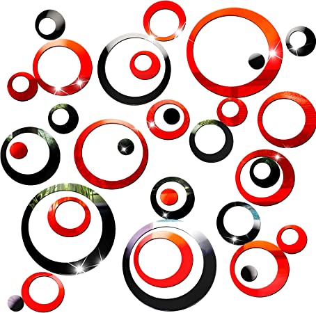 Outus 48 Pieces Acrylic Circle Mirror Wall Stickers Round Dots Mirror Surface Wall Decals Modern Art Mural Home Decor, Black and Red