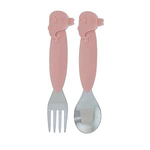 Nuby Animal Friends Silicone and Stainless Steel Fork and Spoon Set - 12  Months - Pink Whale