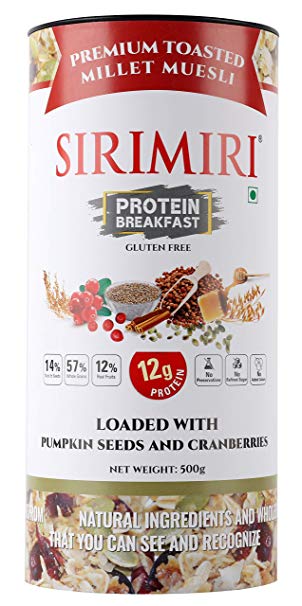 SIRIMIRI Premium Toasted Millet Muesli Protein Breakfast Loaded with Pumpkin Seeds and Cranberries, 500 Grams - Gluten Free (with Natural Cinnamon Flavour)