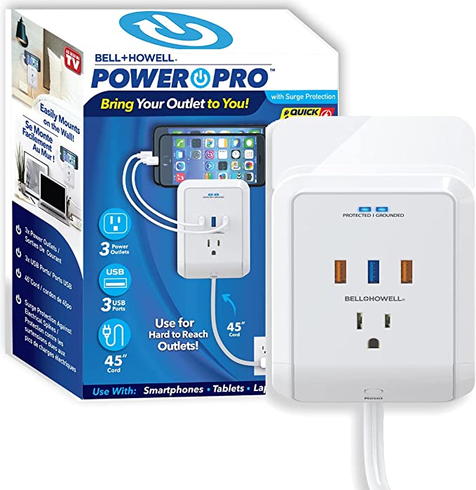 Bell   Howell Power Pro Outlet Extender, Wall Outlet Plug Extender, 4 Foot Extension Cord Surge Protector, 6 Total Ports 3 Plugs & 3 USB Charging Ports, 3 Prong Outlet Splitter, Multi Outlet Wall Plug