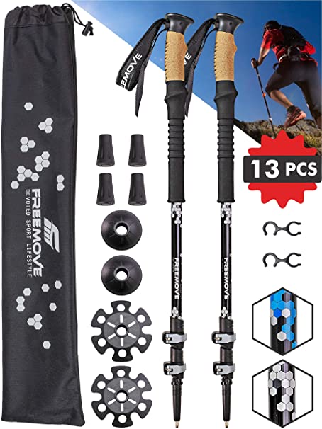 FREEMOVE Trekking Poles Collapsible, Lightweight Ultra Strong Aluminum 7075 Sticks for Hiking and Walking with Cork Grips, Quick Locks, Fully Equiped Accessories Gear for Men and Women…