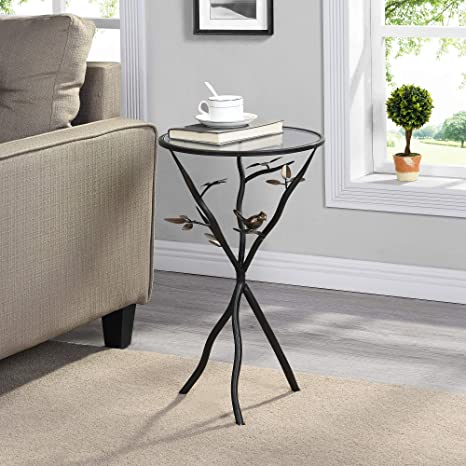 FirsTime & Co. Aged Bronze Bird and Branches Tripod Side Glass Tabletop Accent Table, 24" H x 14" W x 14" D