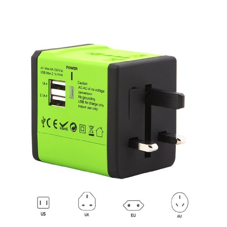 AllEasy International Power Adapter, World Travel Adapter with Dual USB Charging Port for Travelling in Asia/UK/USA/Europe/Australia-Green