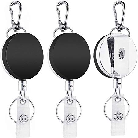 Retractable Badge Holder Reel Clip[3 Pack], KZNXCVI Heavy Duty ID Badge Holder with Swivel Snap Hook/Metal Clip/Retractable Cord/ID Strap and Key Ring Key Chain(Black)