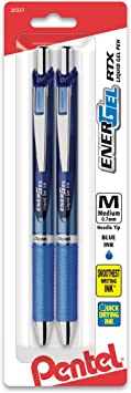 Pentel EnerGel Deluxe RTX Retractable Liquid Gel Pen, 0.7mm, Needle Tip, Blue Ink, 2 Pack (BLN77BP2C)