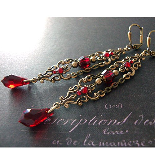 Red Victorian Gothic Swarovski Crystal Extra Long Handmade Vampire Earrings Antiqued Brass
