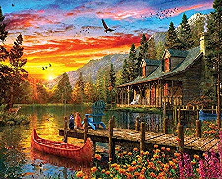 Springbok Puzzles - Cabin Evening Sunset - 1000 Piece Jigsaw Puzzle - Large 30 Inches by 24 Inches Puzzle - Made in USA - Unique Cut Interlocking Pieces