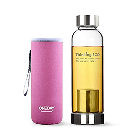 Inf-way Oneday Borosilicate Glass Water Bottle with Colors Nylone Potholder Sleeves&Steel Lids Eco-friendly & BPA-free Camping Outdoor Non-leak Water Glass Bottle
