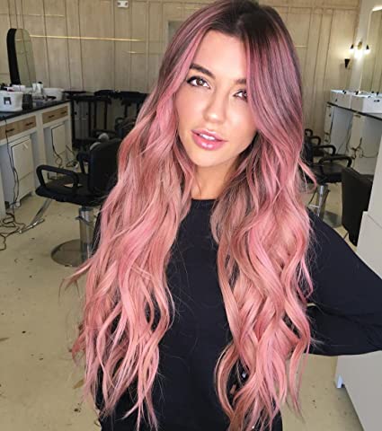 VERNA Pink Wavy Wig for Women - 26 Inch Long Pink Wigs for White Women, Natural Looking Ombre Pink Hair Wigs, Easy to Put Pink Curly wig, Heat Resistant Synthetic Wig Halloween Wig (26 Inch, Pink Ombre)