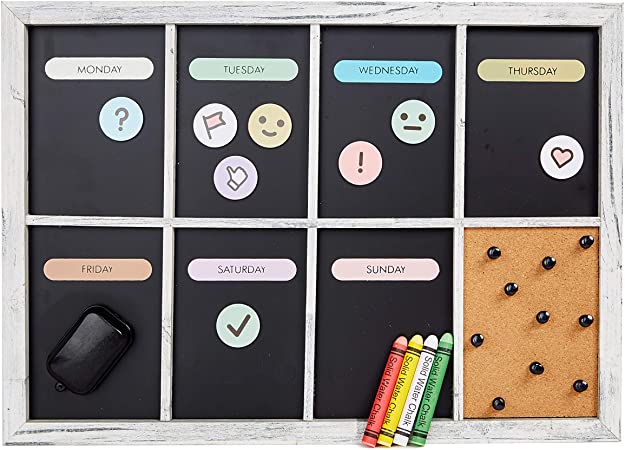 Chalkboard Calendar for Wall - Magnetic Weekly Dry Erase Schedule Board - Framed Week Meal Planner, Family Organizer or Kids Chore Chart - 17" x 12" Decorative Rustic Wood Kitchen Chalk Board