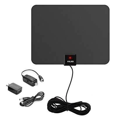 Vilso Flat HD Digital Indoor Amplified TV Antenna - 50 Miles Range - Detachable Amplifier Signal Booster - 12ft Coax Cable - Black