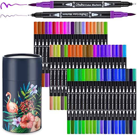 Colouring Pens 60 Colours, Ohuhu Dual Tip Brush Pens Felt Tip Pens Fineliner Art Markers, Water Based Highlighter Pen for Calligraphy Drawing Sketching Coloring Book