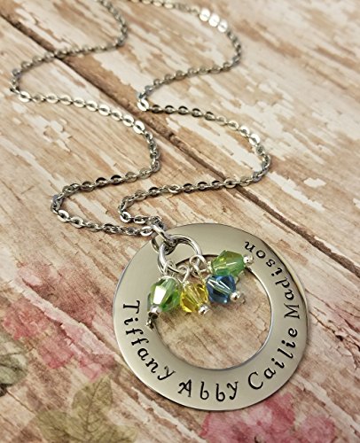 Crystal Birthstone Name Necklace for Mom or Grandma Large 1 1/2" Stainless Steel Washer