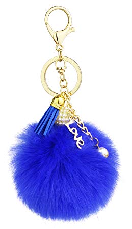 Key Chain Accessories for Women - Blue Faux Fur Ball Charm and Artificial Pearl with Key Ring