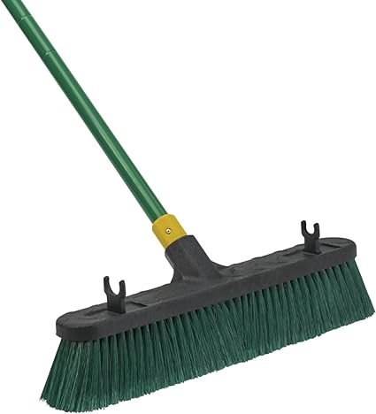 Quickie Bulldozer Multi-Surface Push Broom 18 inch, Green, Steel Handle with Swivel Hang-up Feature, Indoor and Outdoor Cleaning, Sweep Sidewalks/Warehouses, Dirt, Debris
