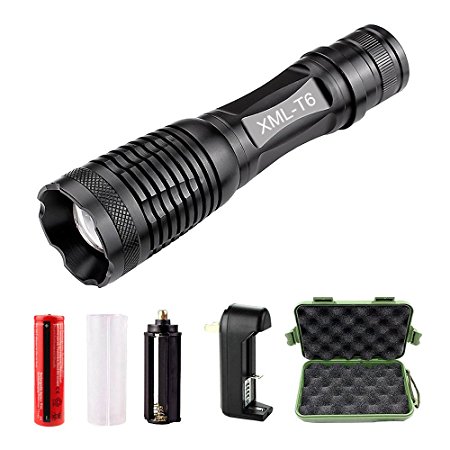 Iseason 900 Lumens LED Flashlight,5 Adjustable Modes Zoomable LED Tactical Flash light Torch Lamp Aluminum LED Flashlight Lighting Lamp [Rechargeable Battery and Charger Included] - Black