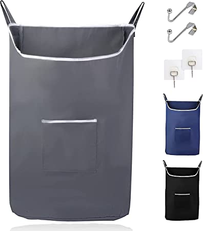Fine Living Hanging Laundry Hamper with Over Door Hooks, Durable Space Saving Laundry Bag with Zipper and Wide Open Top, X-Large Machine Washable Hanging Dorm Laundry Hamper (Grey-XL)