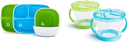 Munchkin Splash Toddler Divided Plate and Bowl Dining Set, Blue/Green, 4 Piece & Snack Catcher, 2 Pack, Blue/Green
