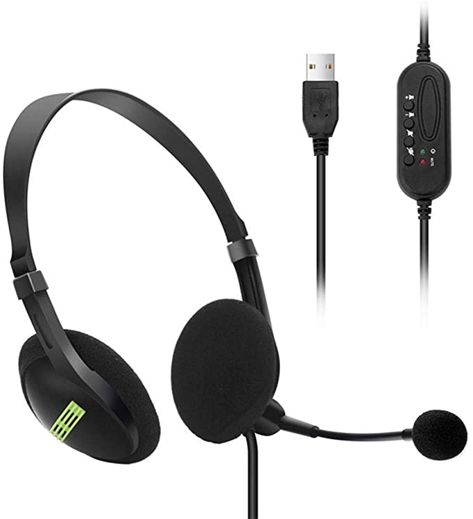 USB Wired Headset with Noise Canceling Flexible Microphone, Lightweight & Comfortable Wired Headphone, Earphone with Adjustable Fit Headband for Computers Laptops PCs