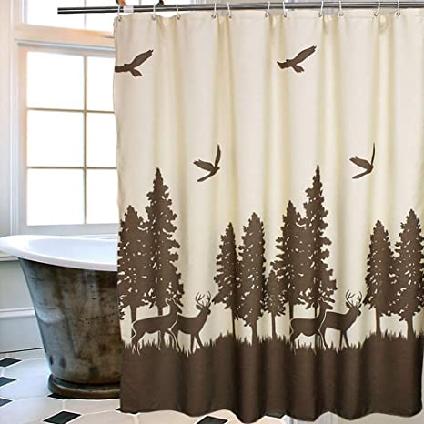 Uphome Deer in The Forest Fabric Shower Curtain - Hunting Theme Yellow and Coffee Country Moose Waterproof Mildew Resistant Bathroom Cloth Shower Curtain Cabin Decor, 72 X 72 Inch