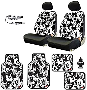 Yupbizauto Disney Mickey Mouse Design Sideless Low Back Car Seat Covers Floor Mats Lanyard Accessories Set with Air Freshener