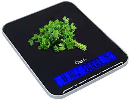 Ozeri Touch III 22 lbs (10 kg) Kitchen Scale in Tempered Glass, with Clock, Calendar, Temperature & Humidity Gauge