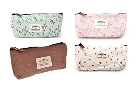 Generic Floral Canvas Different Colors Cute Girls Pen Bag Pencil Case Cosmetic Makeup Bag Pouch Pocket Case Pack Of 4