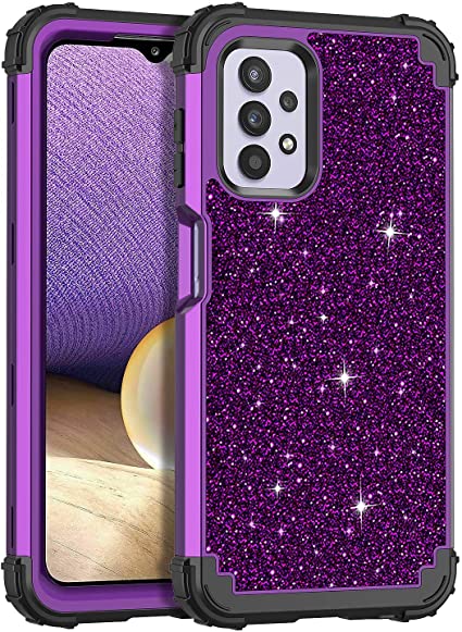 LONTECT for Galaxy A32 5G Case, Galaxy A12 Case, Glitter Sparkle Bling Heavy Duty Hybrid Sturdy High Impact Shockproof Protective Cover for Samsung Galaxy A32 5G 2021/A12 2020, Shiny Purple/Black