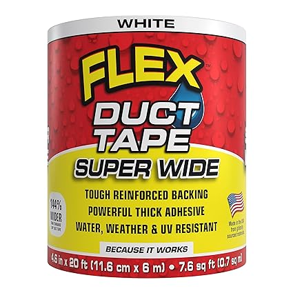 Flex Duct Tape, Super Wide, 4.6 Inches x 20 Feet, White, Heavy Duty Strong, Multi-Surface, Water, Weather and UV Resistant, Tearable, Perfect for Boxes, No Residue