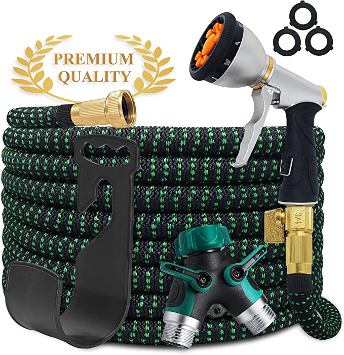 Aquila Garden Hose Pro | Upgraded | 50 ft. Expandable Water Hose | 9-Pattern Zinc Nozzle | Superior Strength 3750D, 4-Layers Latex | 2-Way Pocket Splitter | Extra-Strong Brass Fittings