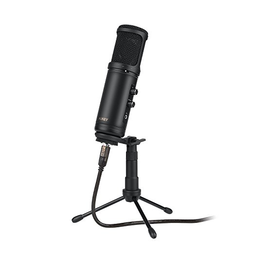 AUKEY USB Condenser Microphone, Cardioid Microphone Professional Recording for Home Studio with Low Cut & PAD Switches, Microphone Gain & Headphone Volume Controls, 3.5mm Headphone Output, and Tripod