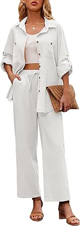 Zeagoo Women 2 Piece Linen Sets 2023 Button Down Shirt and Drawstring Long Pants Set Summer Outfits