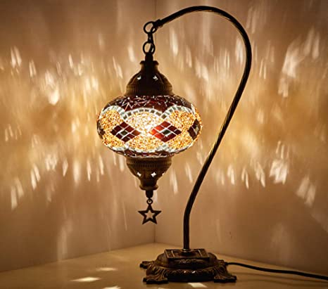 New BOSPHORUS Stunning Handmade Swan Neck Turkish Moroccan Mosaic Glass Table Desk Bedside Lamp Light with Bronze Base (Brown)