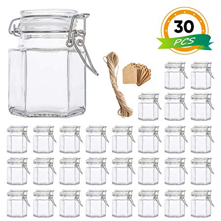 Spice Jars, Flrolove 30 Pack 3.5oz Hexagon Glass Jars with Leak Proof Rubber Gasket & Hinged Lid,Small Glass Containers with Airtight Lids for Home, Party Favors