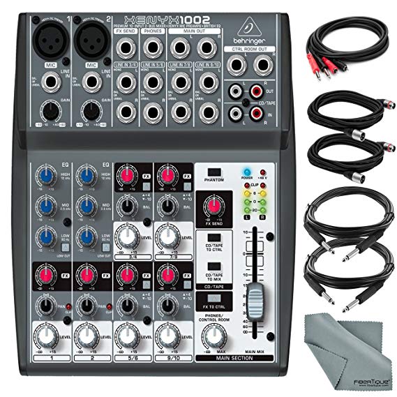 Behringer XENYX 1002-10 Channel Audio Mixer and Accessory Bundle w/ 5X Cables   Fibertique Cloth