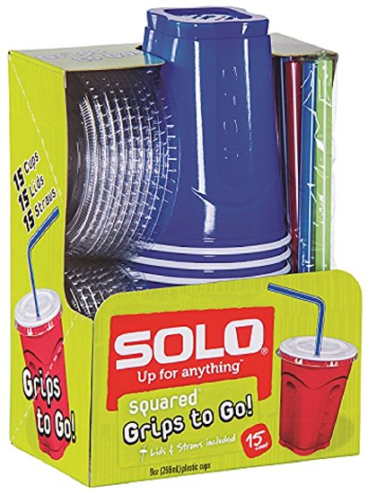 Solo 9 Oz Plastic Cup, Lid, and Straw Combo Pack, 15 Cups (No BPA) (Blue)