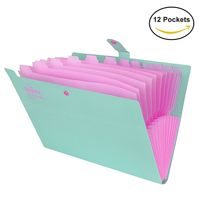 Expanding File Folder 12 Pockets With Snap Closure, Yigou Portable Accordion Document Organizer Letter A4 Paper Size [Light Green]