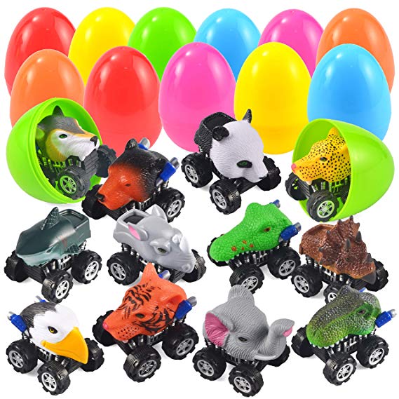 JOYIN 12 Pack Jumbo Easter Eggs with Prefilled Animal Pull Back Cars Easter Basket Stuffers Easter Party Favors for Kids